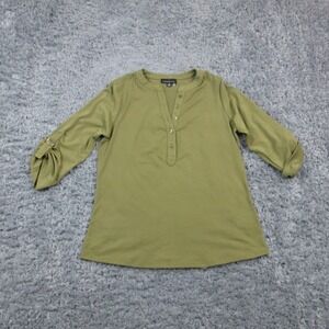 Fortune + Ivy Blouse Shirt Womens Medium Green Henley 3/4 Roll Tab Tunic Top